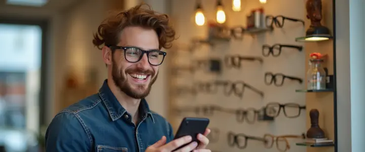 Un opticien dans sa boutique qui travaille sur son téléphone portable